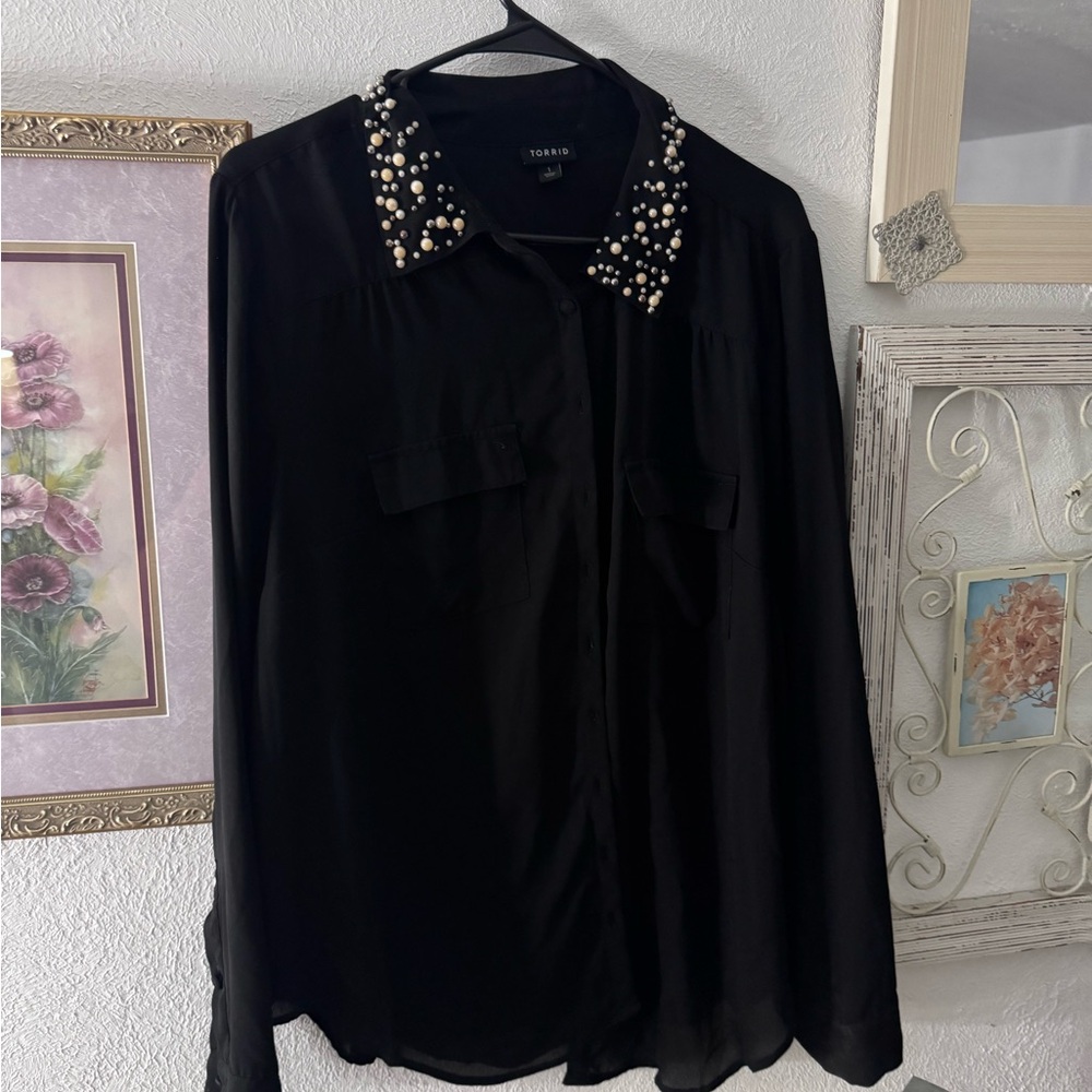 Black Beaded Collar Top